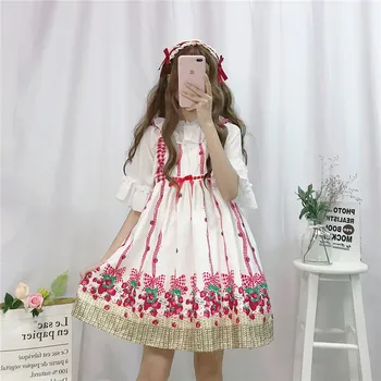 

Japanese Mori Girl Sweet and Lovely Cherry Spaghetti Strap Dress Lolita Chiffon Shirt Set Cos Loli Tea Party Princess Dress