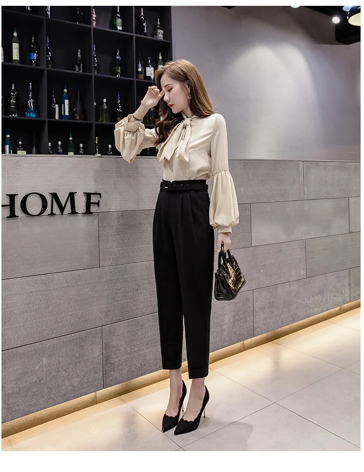 2021 New Spring Korean OL Style Women  Pants with Belt High Waist Formal Elegant Office Lady Ankle-Length Pants plus size white harem pants