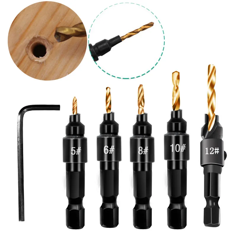 5pcs Countersink Drill Bit Woodworking Set Drilling Pilot Holes for Screw Sizes #5 #6 #8 #10 #12 with 1 Hex Key Wrench | Инструменты