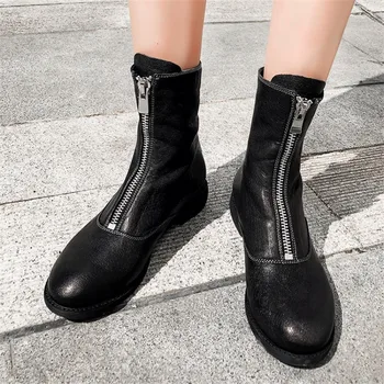 

Winter Boots Women genuine Leather Front zipper Short Boots Black 2020 Fashion British Wind Warm Non-slip Ankle Boots For Women