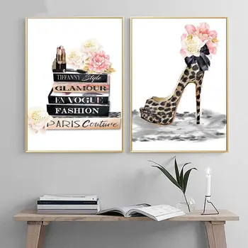 

Nordic Wall Pictures Pink Perfume Bottles Print Fashion Makeup Canvas Book High Heels Art Poster Living Room Decor No Frame