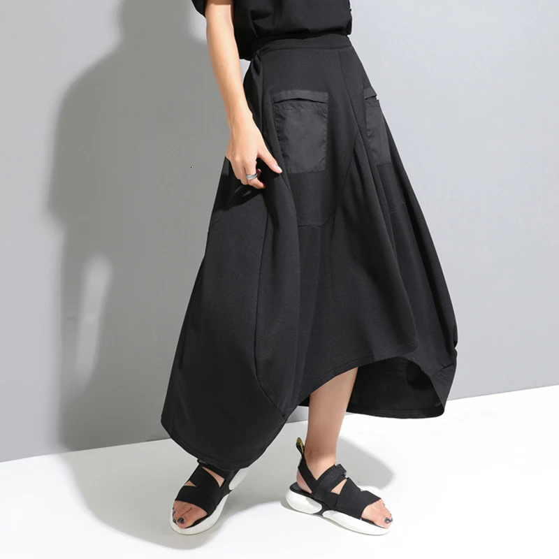 [EAM] New Spring Summer High Elastic Waist Black Pocket Split Joint Loose Irregular Half-body Skirt Women Fashion JW888