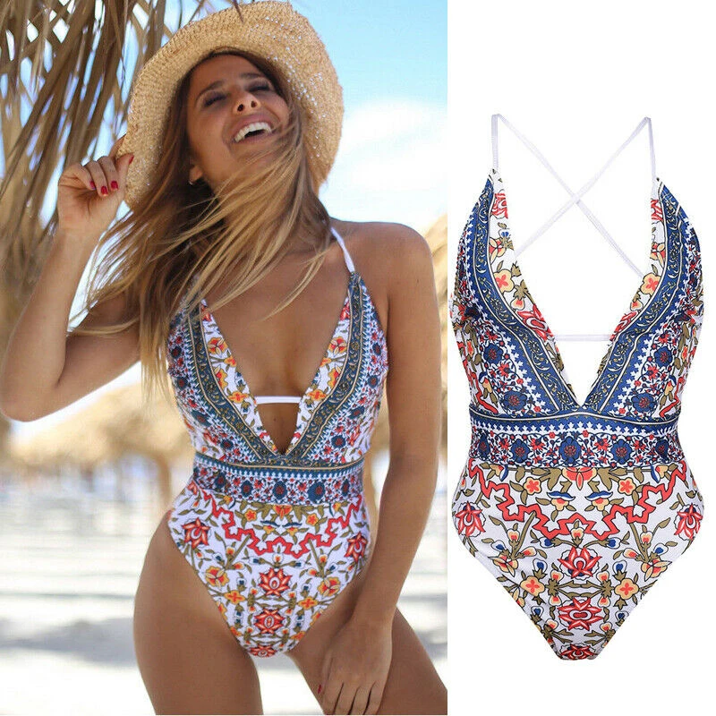 ropa 2020 mujer Women's One Piece Swim suit Retro Printed Push Up Padded Monokini Swimwear Beachwear