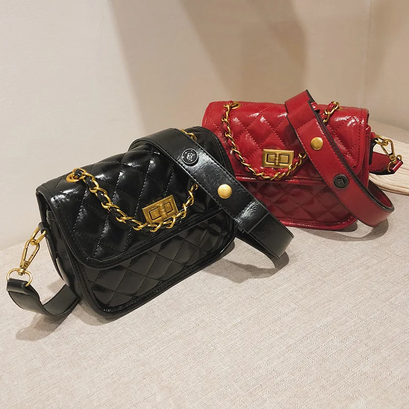 

2019 New Style Oil Wax Leather Classic Rhombus Lock Square Sling Bag Fashion Shoulder Oblique WOMEN'S Bag