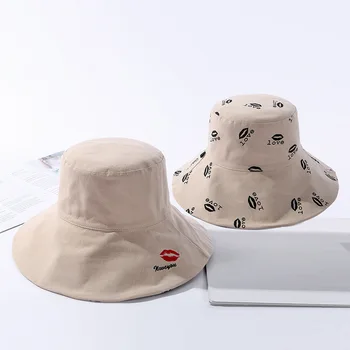 

COKK Hat Women Bucket Hat Double Sided Embroidered Red Lips Summer Hats For Women Sun Protection Beach Hat Female Big Wide Brim