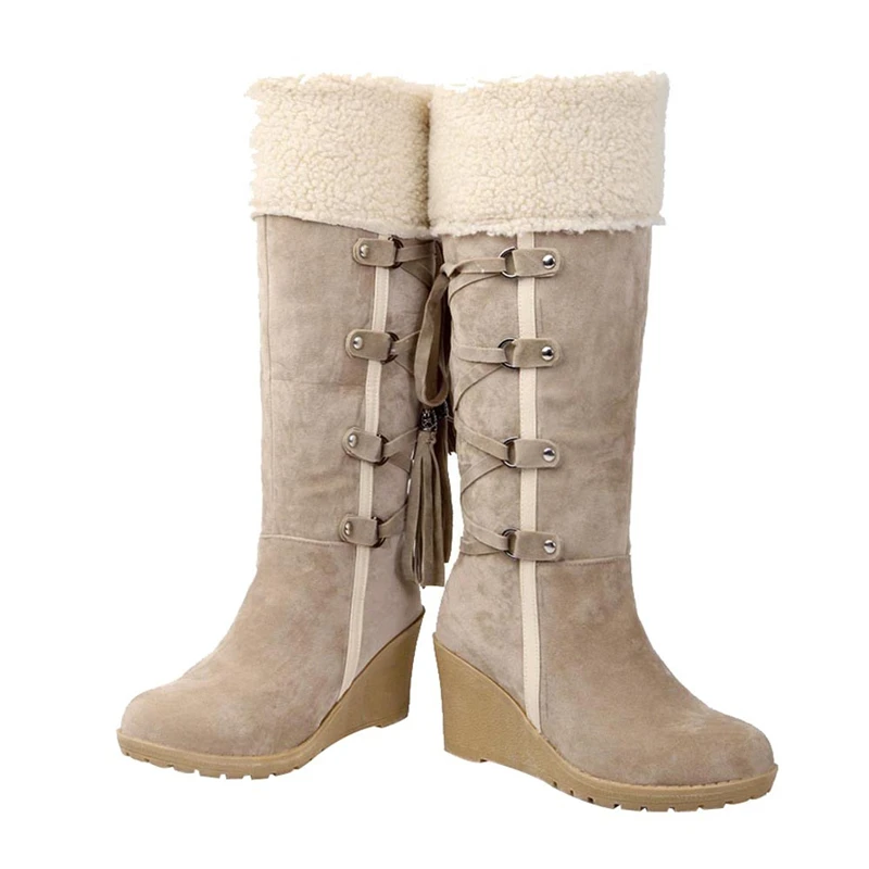 BG Botas Mujer Nieve/кожаные сапоги до середины икры с кисточками; большие размеры; кожаные водонепроницаемые ботинки на низком каблуке; Bota Feminina Neve Impermeavel;#5 - Цвет: BG
