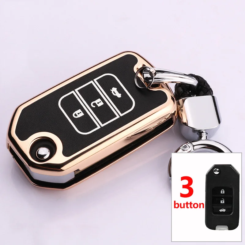 3 Button Gold Цинковый сплав+ светящийся кожаный автомобильный чехол для дистанционного ключа для Honda Civic CR-V FIT XRV VEZEL CITY JAZZ HR-V Crider Greiz Accord Jade - Название цвета: 3 Button Gold