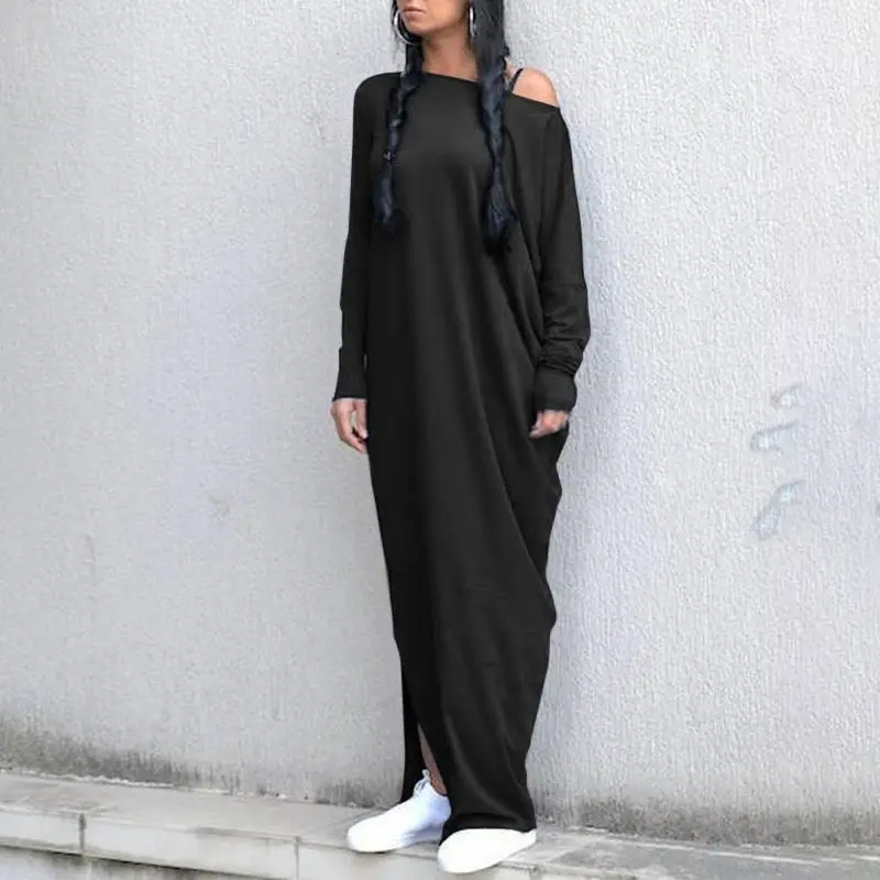Fashion 5XL Women Maxi Dress Celmia Sexy Off Shoulder Long Dress Autumn Solid Long Sleeve Casual Split Hem Robe Plus Size Dress