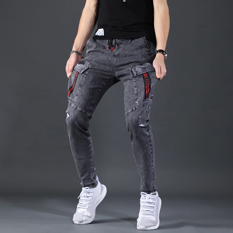 Autumn Men's Cargo Pants Elastic Waist Jeans Fashion Korean Style Casual Dark Gray Slim Fit Denim Trousers