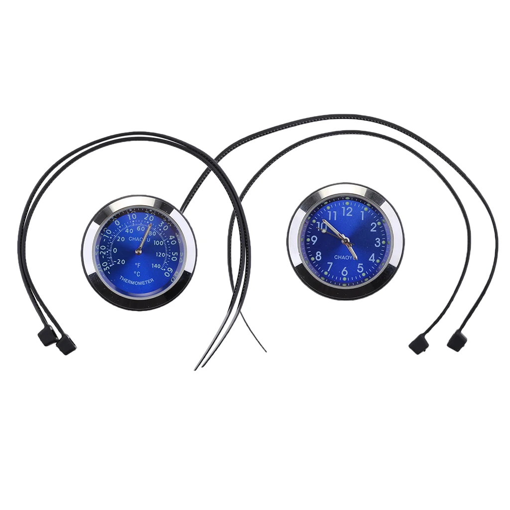 2pcs Motorbike Motorcycle Handlebar Watch Chrome Blue Dial Clock and Temperature Gauge Fit for Harley Cruiser