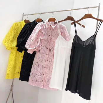 

Top Quality Hollow Out Holiday Dresses Ladies Holiday Style High Street Yellow Pink Black Half Lantern Sleeve Shift Dress