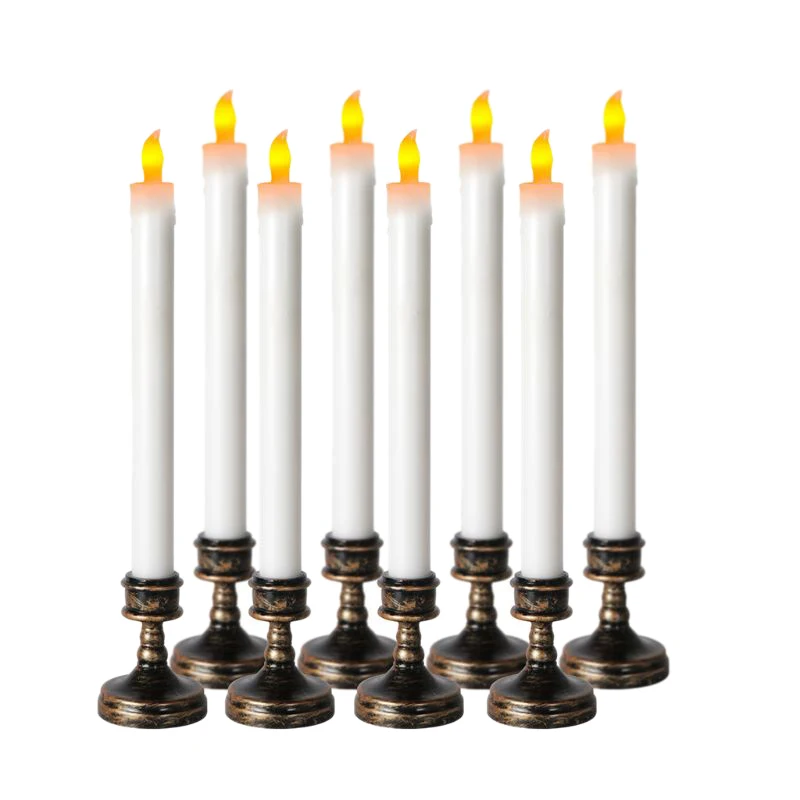 

ABSS-8Pcs Set Long Pole Electronic Emulation Candles LED Flameless Candles with Candle Holder Christmas Festival Wedding Decorat