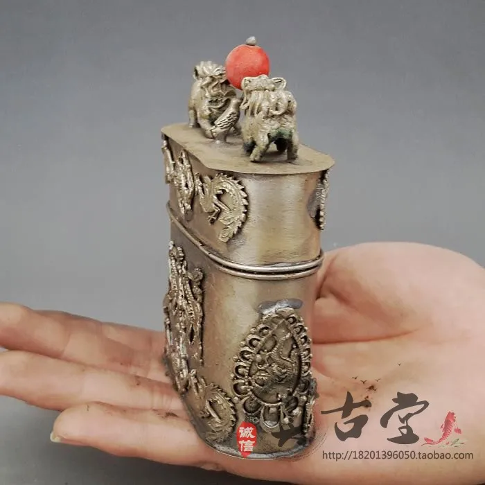 White copper cut tobacco embossed dragon and phoenix double lion white copper box toothpick box