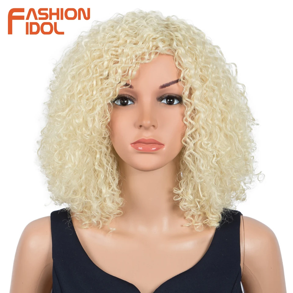 

14 Inch Afro Kinky Curly Hair Wig Natural Bob Wavy Fake Hair Synthetic Ombre Blonde Water Wave Heat Resistant Wigs For Women