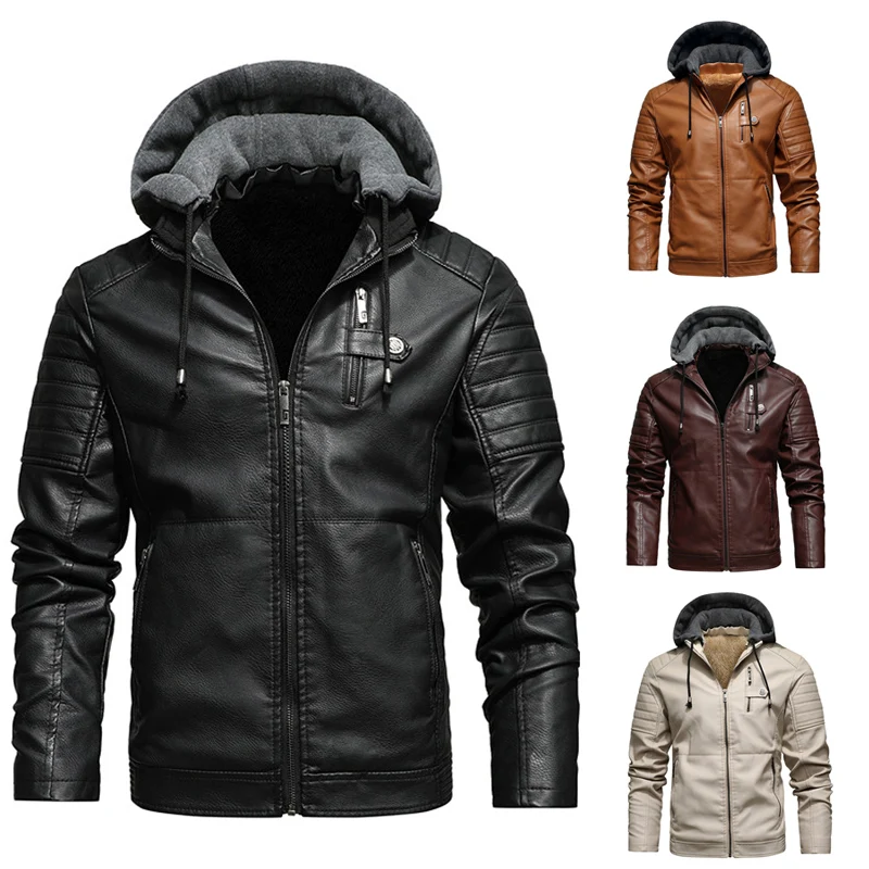 

Fashion Winter Jacket Men Hooded Coats Windproof British Style Velvet Warm PU Leather Jackets Spliced Designer Chaqueta Hombre