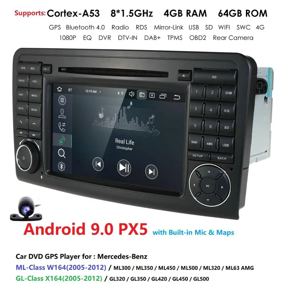 2Din 7''Android 9.0 Octa Core Car DVD Player For Mercedes/Benz/ML/GL CLASS W164 ML350 ML500 GL320 DSP IPS RDS WIFI 4G DAB Canbus