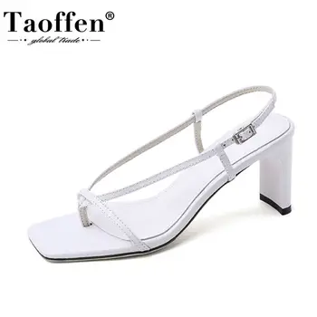 

Taoffen Women Sandals Shoes Real Genuine Leather Thick High Heels Shoes Women Nice Metal Buckle Solid Color Footwear Size 34-40