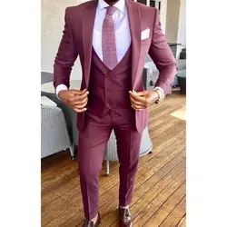 New Arrival Peak Collar Men's Burgundy Suits Hot Selling Custom Made Single Breasted Fashion Casual Wear Blazer 3 Pieces Skinny