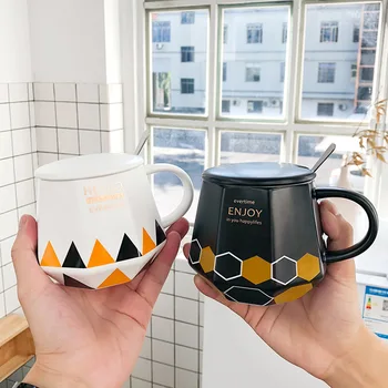

Nordic Irregular Polygon Ceramic Cup Creative Ins Coffee Mug with Lid Scoop 450ml Large Capacity Business Office Drinking TeaCup