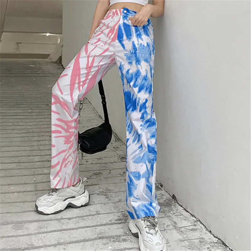 

NCLAGEN Street Fashion Tie Dye Spliced Casual Straight Pants 2020 High Waist Women Trousers Stylish Painted Vintage Capris