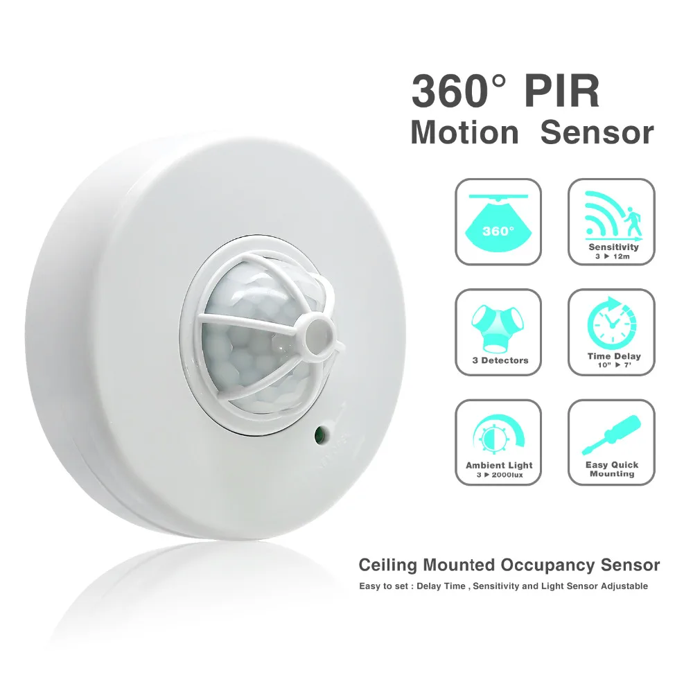 LED Light Switch with PIR Motion Sensor with 3 Detectors, 110V~240V, 360 Degree Ceiling Mounted,