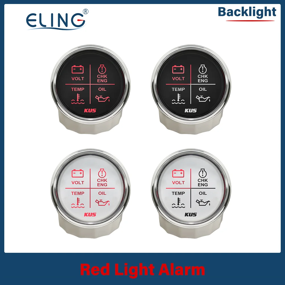 KUS 52mm (2인치) 알람 게이지 미터 4 LED 알람 표시기 게이지 전압 오일 수온 체크 엔진 게이지 (자동차/보트용) 적색등 12V 24V
