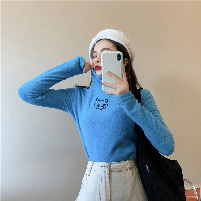 Флисовые футболки с вышитым котом, осенняя Водолазка с длинным рукавом, Harajuku Kawaii, женские теплые облегающие топы, уличная одежда W299