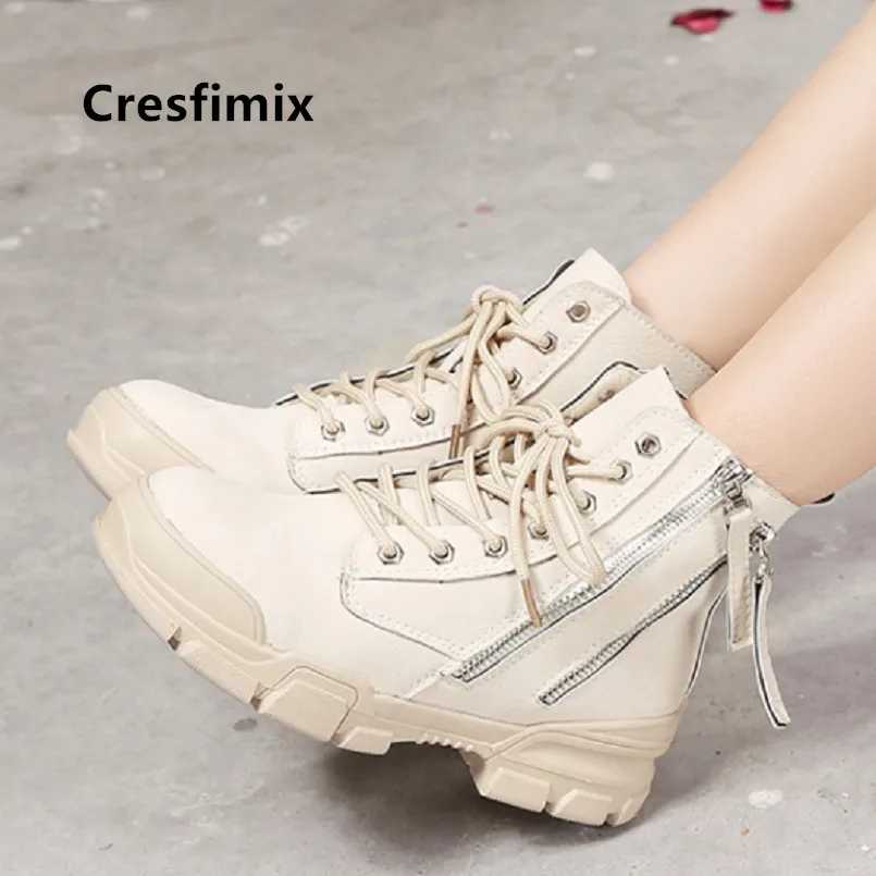 Cresfimix/Женские Модные Бежевые осенние ботинки до середины икры на двойной молнии со шнуровкой женские красивые черные Нескользящие ботинки с круглым носком C7029