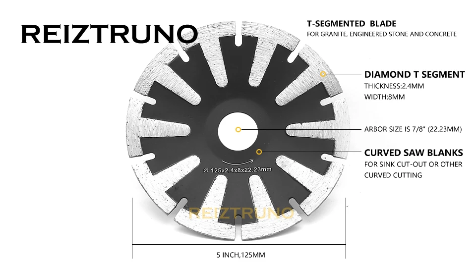 REIZTRUNO 125 мм Горячая прессованная Т-сегментная кривая режущие лезвия с ЧПУ алмазная пила для бетона песчаника гранита влажного Сухого использования