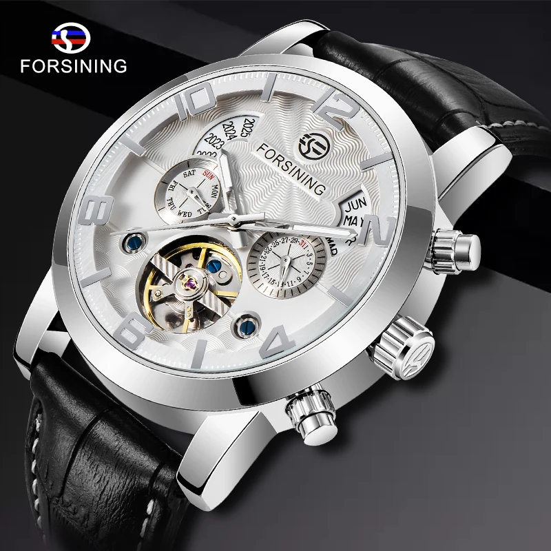 

FORSINING Automatic Silver Steel Case Black Leather Strap White Dial Date Day Year Month Display Men Casual Mechanical Watch