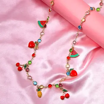 

2020 Korean Sweet Cherry Peach Fruit Pendant Necklace for Women Multicolor Crystal Bead Necklace Fashion New Design Jewelry Gift