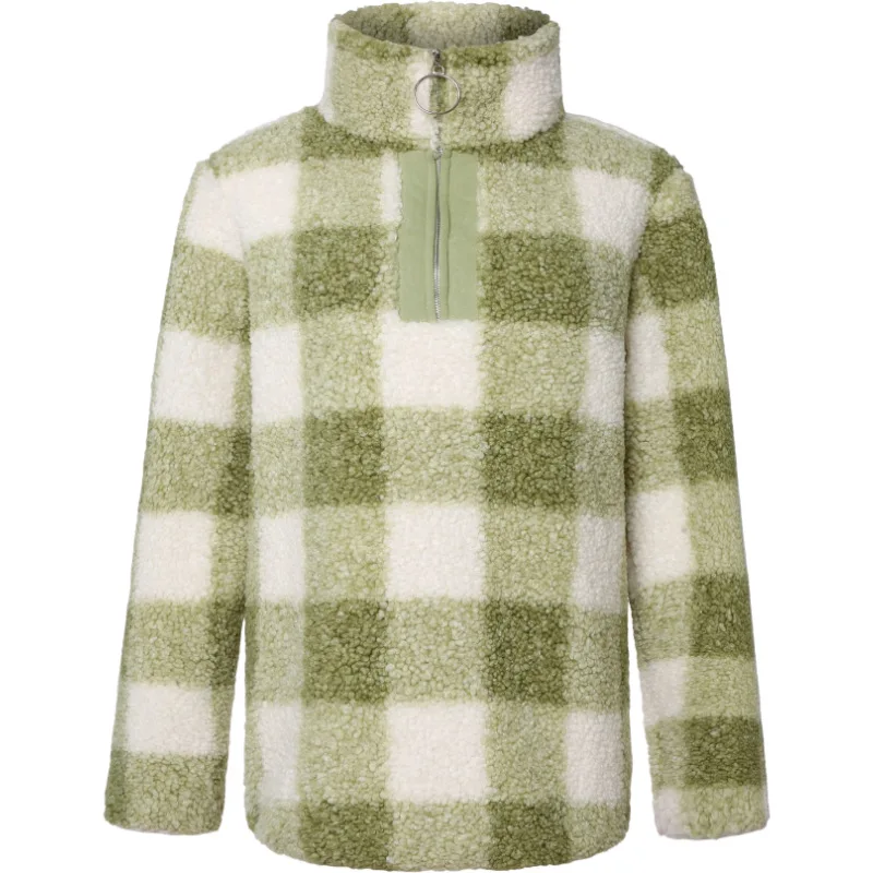 New Autumn and Winter New Plush Long-Sleeve Zipper Plaid Sweater Cardigan Coat