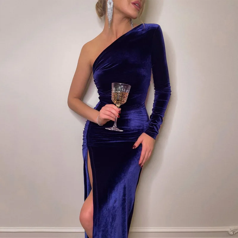 Elegant One Shoulder Velvet Dress