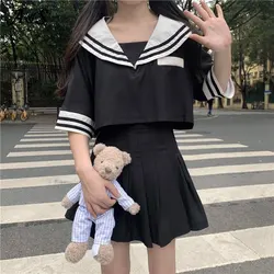 FAKUNTN Japanese Korean Style 2 Piece Set Women Student JK Uniform Crop Sailor Top Cosplay Costumes Girls Pleated Sailor Skirt