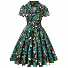 4XL размера плюс 60s ретро винтажное платье с коротким рукавом Зеленый попугай цветочный принт элегантные женские большие размеры осенние вечерние платья