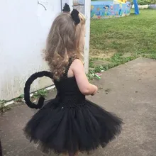 Детские костюмы дересс на Хэллоуин для девочек, платье-пачка с черным котом, повязка на голову, бразильское платье с хвостом