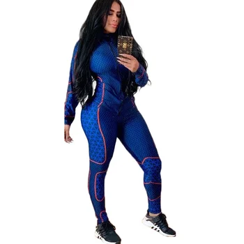 

Geometric Printed Casual Fitness Bodysuits Women Stand Collar Full Sleeve Skinny Jumpsuit Streetwear Zipper Up Clubwear Overalls