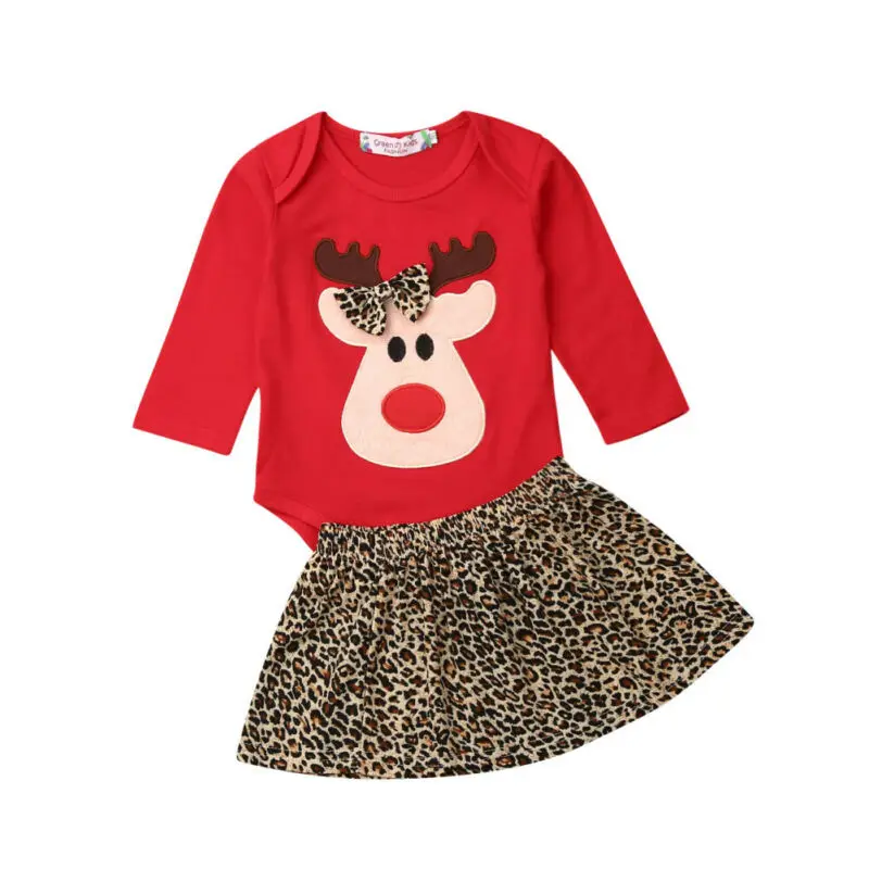 Рождественское детское платье с бантом, комбинезон с оленем, леопардовая юбка, комплект одежды, детская Рождественская одежда, подарок