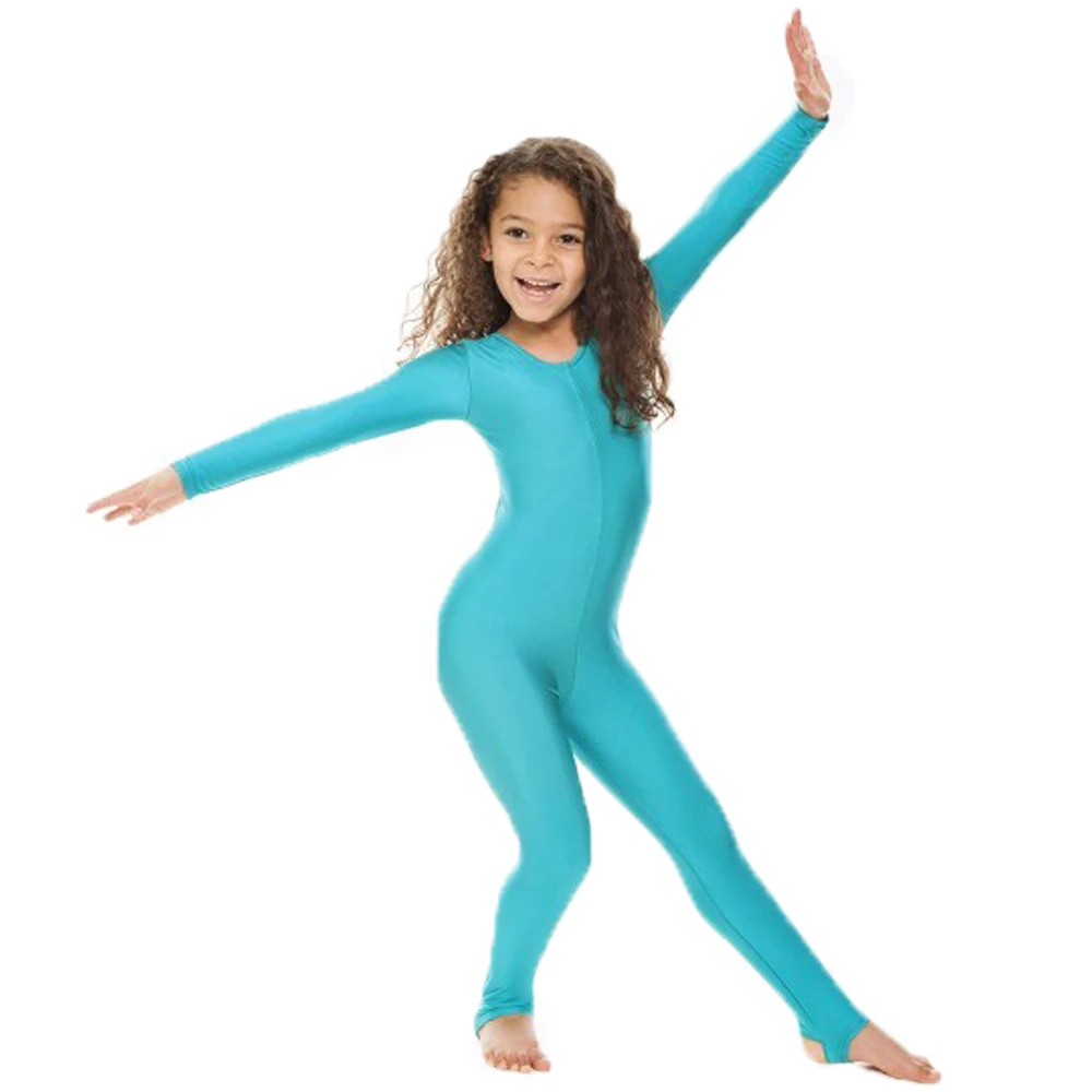 

Girls Shiny Stirrups Dance Gymnastics Unitards Catsuits Childrens Nylon Lycra Long Sleeve Ballet Unitard Dancewear Kids