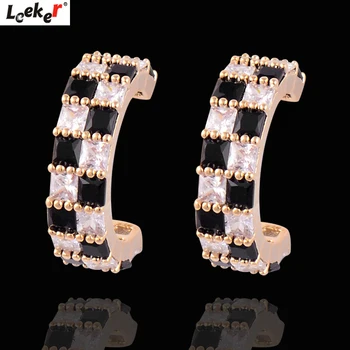 

LEEKER Simple Yellow Gold Silver Color Round Half Open Circle Stud Earrings Black White Zircon Birthday Gifts For Women 830 LK7