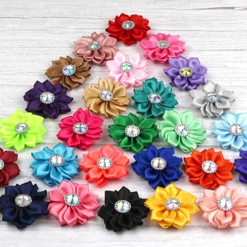 

Lulang 60 Pack Flower Embellishments with Rhinestone 1.5" Satin Ribbon Fabric Flower for Craft DIY Wedding Decorations Ornaments