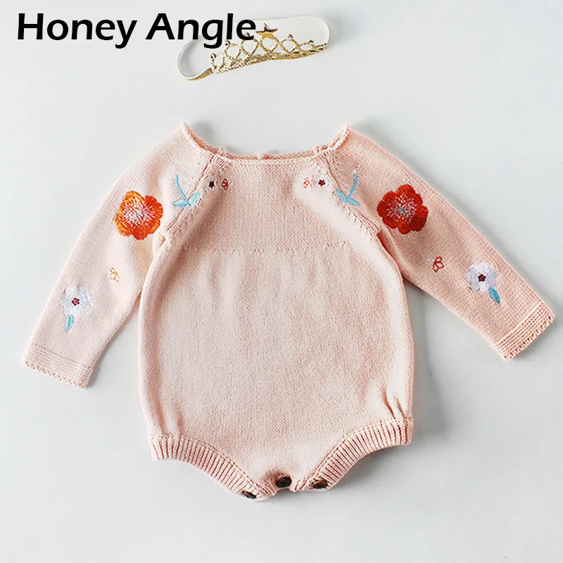 

Honey Angle Toddler Baby Rompers Long-Sleeved Embroidery Floral Infant Jump Suit Kinittng Girl BodySuit Wool Climbing Suits
