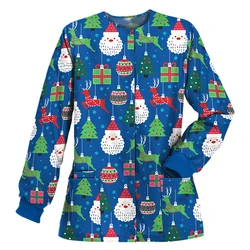 S-3XL 5Colors Cartoon Christmas Tree Santa Claus Print Long-sleeved Protective Uniform Casual Medical Women Overalls Jacket