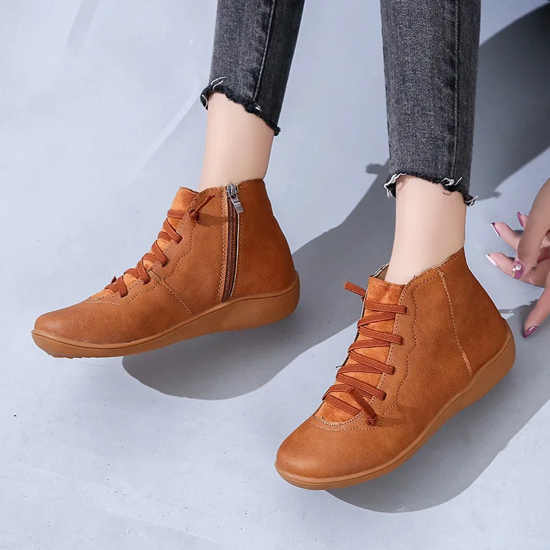 Womens Boots Ankle Socofy Leather Lace Up Booties Womens Big Size Cross Strap Flats Winter 2019 Boots Fall Women Shoes Short
