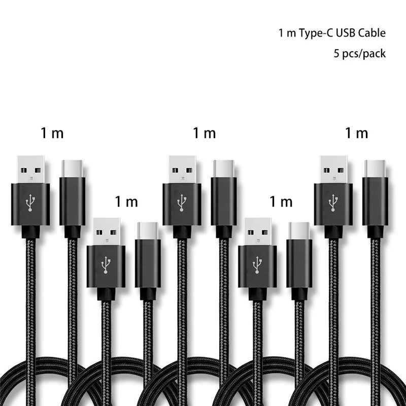 1 м 5 шт./упак. Тип C до USB 2,0 USB кабель с нейлоновой оплеткой зарядный кабель для huawei P30 mate 20 xiaomi samsung Примечание 10 S10 OPPO R17 vivo onePlus 7, 6 комплектов/партия, футболка - Тип штекера: Black cable 5PCS