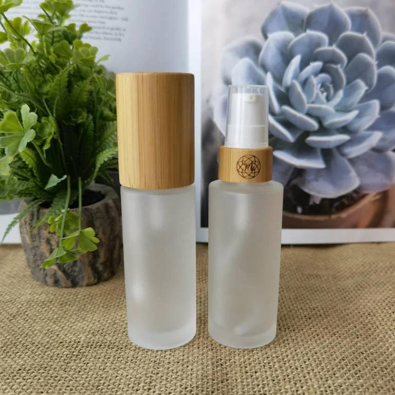 Cosmetic frosted glass cream bottle lotion spray pump bottle friendly ecological natural bamboo lid wood cap skin care packaging