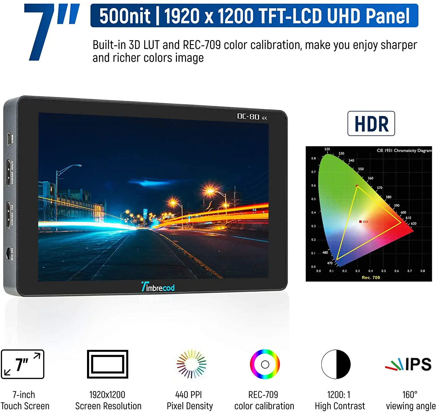 Timbrecod DC-80 7“ Touch Screen Camera Video Monitor 1920x1200 IPS 4K Pass-Through 4K HDMI Camera Field Monitor with Tilt Arm