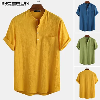 

Men Solid Color Shirts Casual Short Sleeve Stand Color Camisa Man Fashion Pockets Loose Blusas Summer Breathable Blouse INCERUN
