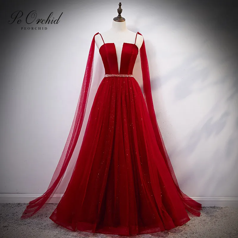 PEORCHID Женские Простые красные платья для выпускного трапециевидные тюлевые платья с открытой спиной для особых случаев Вечерние Платья Vestidos De Fiesta Largos