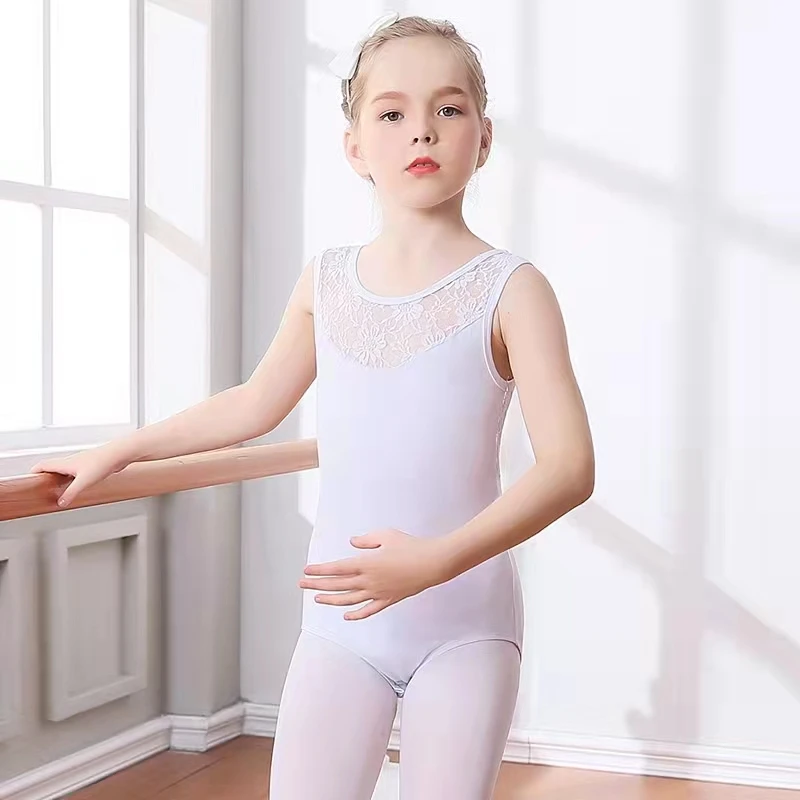 

Child White Black Ballet Dance Sleeveless Leotards Hollow Out Lace Girls Gymnastics Dancing Coverall Swan Lake Leotard